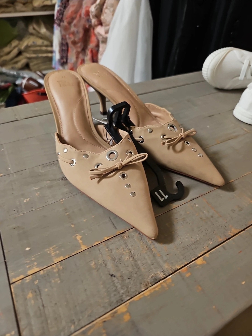 Nwt Pointed Toe Mule Heels in Nude/Tan with Stud Details
